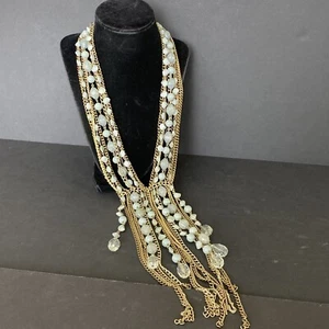 Vintage 9 Strands Beaded Chain Necklace 14 Tassel Blue Green Gems 20" Retro MCM - Picture 1 of 9