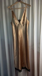 Cinema Etoile Vintage Y2k Slip Dress Gold Satin Black Lace Beaded Nightie 12/14 - Bild 1 von 17