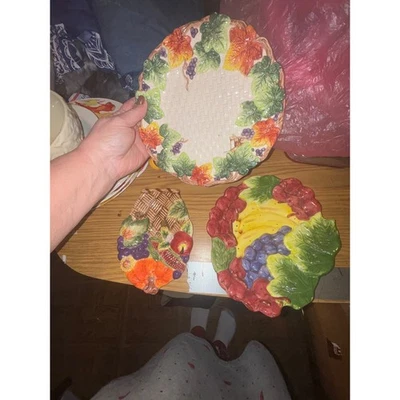 3 Platos Cerámicos Cosecha Otoño Decorativos Hojas Otoño Uvas Calabaza Maíz Manzana Foto 1 de 4