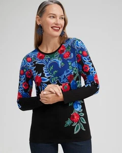 CHICO'S DAMEN TOP. GR: 3X LANGARM RUNDHALS BLUMENDRUCK - Bild 1 von 6