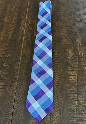 Шелковый галстук Merona синий фиолетовый клетчатый ширина 3 дюйма сделано в Китае - Изображение 1 из 4