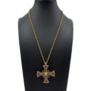 Vintage Wunder Glas Bernstein Bronze Keltenkreuz Schottisches Anhänger 24" Kette - Bild 1 von 9