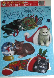 Vintage Color-Clings "Merry Christmas" CATS Static Window Decorations - Picture 1 of 4