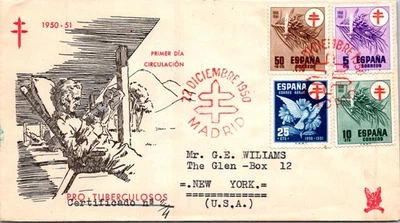 SPAIN 1950 POSTAL CACHET FDC COVER TUBERCULOSIS SET ADDR USA SPECIAL CANC MADRID - Image 1 of 2