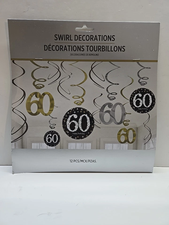GOLDEN 60TH HAPPY BIRTHDAY DECORATING KIT HANGING FANS SWIRLS - Image 1 of 1