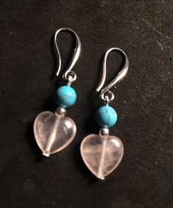 Rose Quartz Heart Stone Earrings With Turquoise Handcrafted - Picture 1 of 7