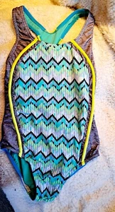Girls Speedo Swim Suit Blue Teal W/grey Neon One Piece Size 10 Great Cond - Picture 1 of 5