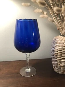 VTG EMPOLI OPTIC COBALT BLUE GLASS GOBLET FLUTED RIM SWIRL STEM HAND BLOWN 9" - Picture 1 of 7