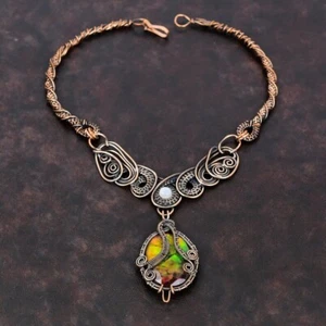 Faceted Ammolite Necklace Copper Wire Wrapped Rainbow Moonstone Necklace Gift s - Picture 1 of 5