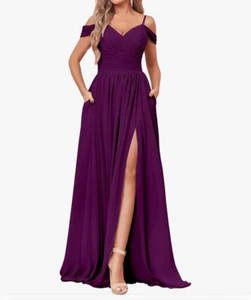 Off The Shoulder Bridesmaid Dresses with Pockets Ruched Chiffon Long Slit Formal - Picture 1 of 14