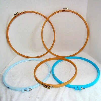 Lot of 5-  Embroidery Hoops Wooden  & Metal 12" 9" & Plastic & Metal 10" - Image 1 of 3