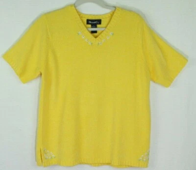 Denim & Co Sweater Large Yellow Womens V Neck Floral Short Sleeve - Image 1 of 4