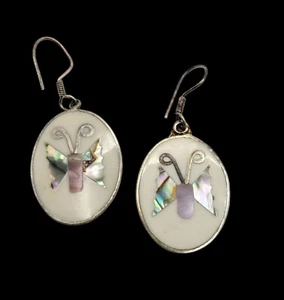 Vintage ALPACA Silver MEXICO Abalone BUTTERFLY Oval Earrings Fishhooks 1 3/8" - Picture 1 of 3