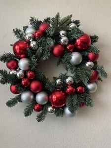 Pottery Barn Indoor Outdoor Red & Silver Faux Pine Christmas 20” Wreath - Picture 1 of 5