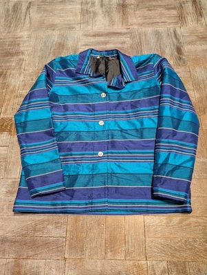 Jaqueta camisa cetim lavanderia francesa vintage listrada azul-petróleo roxo quadrada grande - Imagem 1 de 4