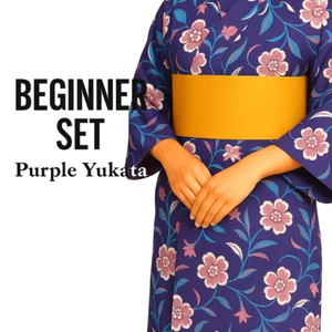 Conjunto Kimono Floral Púrpura Yukata y Obi Japonés con Cinturón Hanhaba Amarillo Japón - Imagen 1 de 17