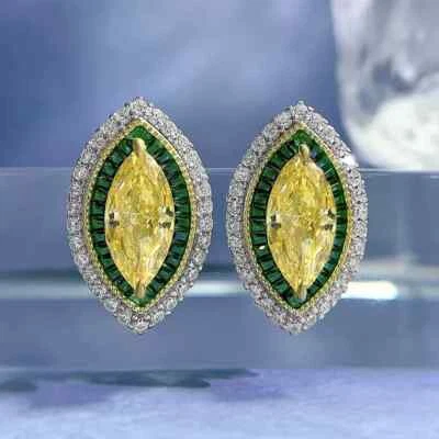 3.40Ct Marquise Cut Lab-Created Citrine Halo Stud Earrings 14K White Gold Plated - Image 1 of 4