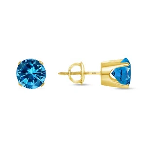 2 Ct Round Blue Created Diamond Earrings Studs Real 14K Yellow Gold Crown Screw - Picture 1 of 3