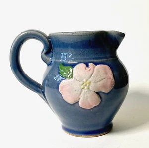 Studio Art Ceramic Pitcher Blue Pottery Pink Dogwood Flower Signed AB 5.5" Tall - Picture 1 of 10