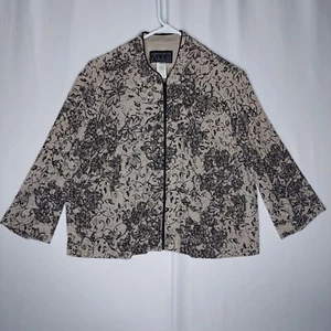 Alex Evenings Jacket 20WP Beige Black Sparkle Floral Texture Zipper 3/4 Sleeve - Picture 1 of 7