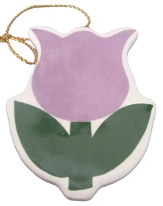 Purple Tulip Flower Green Leaves Ceramic Ornament Gold Cord New Old Stock - Picture 1 of 1