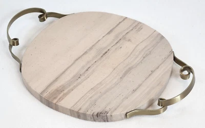 Anthropologie Round Marble Curved Metal Double Handle Serving Board Charcuterie - Imagem 1 de 4