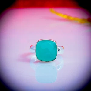 Regalo de Navidad Azul Calcedonia Piedra Preciosa 925 Plata de Ley Mano Anillo - Imagen 1 de 3