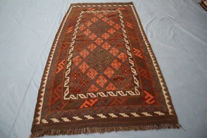3x6 Vintage Afghan Ghallmori Kilim Rug - Brown & Orange Geometric Nomadic Décor. - Picture 1 of 9