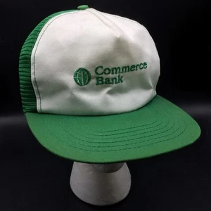 Vintage Commerce Bank Mesh Trucker Cap Snapback Mütze grün & weiß Made in USA - Bild 1 von 9