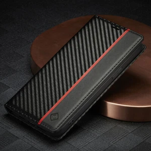Carbon Fibre Wallet Case Magnetic Flip Cover for iPhone 16e/15/14/13/12/11 SE 8 - Picture 1 of 13