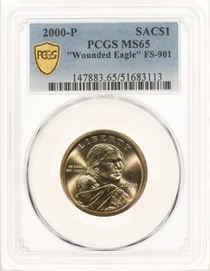 2000-P SAC$1 PCGS MS65 Aquila ferita FS-901 Sacagawea dollaro lancia varietà - Foto 1 di 3