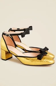 J.Crew Womens Gold Millie Bow Block Ankle Strap Leather Heels Sz US 7.5 - Picture 1 of 4