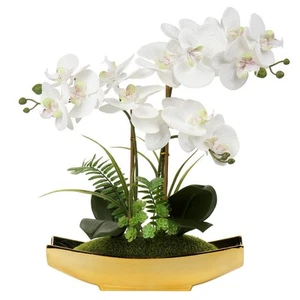 Orchids Artificial Flowers 15" White Phalaenopsis Orchid with Gold Pots Real ... - Picture 1 of 6