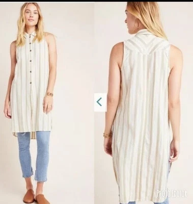 Anthropologie Dress Delphine Textured Woven Size M Slit Sides Beige Button Front - Image 1 of 4