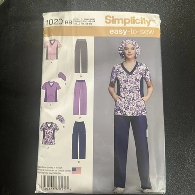 Simplicity #1020 Women's Easy-to-Sew  Scrub Pants Top & Hat Size 20w-28NEW UC FF - Image 1 of 4