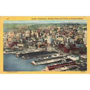 Vintage Seattle Washington Docks Geschäftsviertel Luftaufnahme Postkarte #137 1949 - Bild 1 von 2