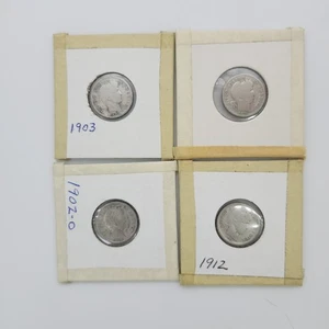 Lot Of 4 - 1902 1903 1910 & 1912 10c Barber Dimes - 90% Silver - Picture 1 of 10