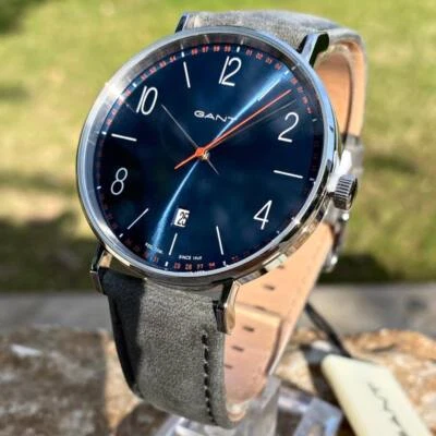 Montre GANT COLLECTION DETROIT Cadran Bleu avec Date Bracelet en cuir gris Neuve - Photo 1/4