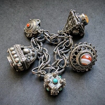 Bettel Armband 800 Silber Türkis Koralle Bernstein Achat Amethyst alt c. 1920 - Bild 1 von 4