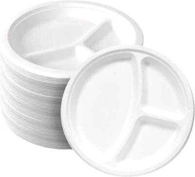 10 Inch 3 Compartment Disposable Bagasse Heavy Duty Plates Wedding Catering - Image 1 of 4