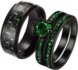 2 Rings His and Hers Couple Rings Black Cz Rings Womens Wedding Ring Sets Titani - Picture 1 of 7