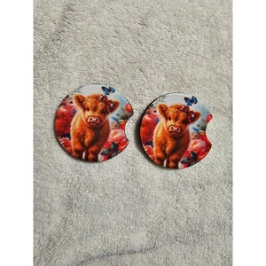 Cow Car Coasters Cute Highland Heifer Auto Cup Holder Coaster Set of 2 - Bild 1 von 2