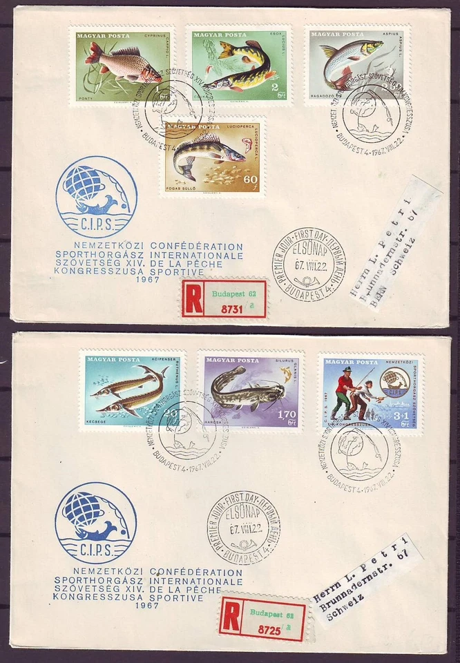 q3386/ Hungary (2 stk) Fish Fishing Registered FDC Cover 1967 - Image 1 of 1