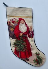 Vtg CHRISTMAS STOCKING Wool Needlepoint Old World Santa Green Velvet Back 20"