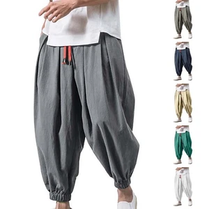 Men Harem Pants Casual Elastic Waist Hippie Bottoms Pant Baggy Wide Leg Trousers - Picture 1 of 39