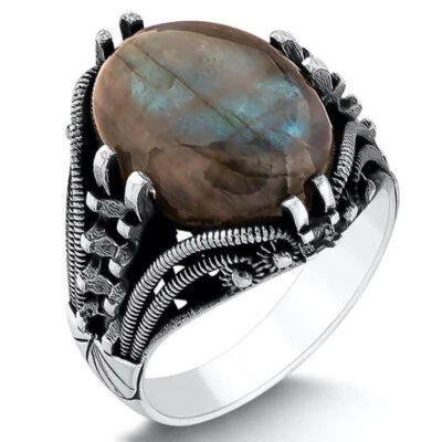 Anillo de plata de ley 925 con piedra de labradorita natural para hombre Foto 1 de 4