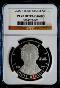2009 LOUIS BRAILLE Silver Dollar NGC PF70💥FLAWLESS QUALITY!💥 - Picture 1 of 5