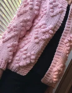 CHIC WISH Hand Knit Chunky Bobble Open Front Cardigan Pink Wool Blend Sweater - Picture 1 of 10