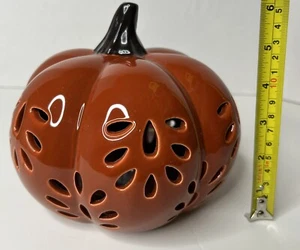 NEW Fall Harvest LIGHT UP Orange PUMPKIN Flameless Candle LED Ceramic 6”H x 7”W - Picture 1 of 3