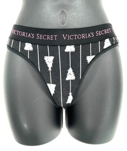 Victoria's Secret Womens High Cut Thong Panties Size Small Black Holiday Trees - Picture 1 of 12